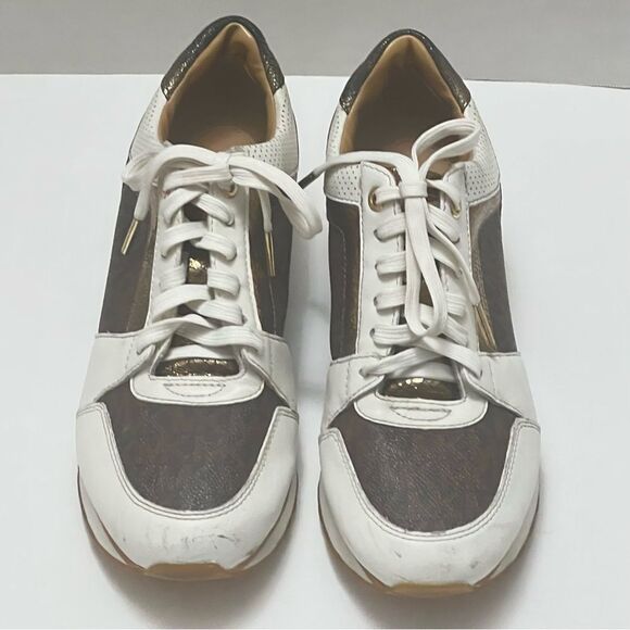 Michael Kors Leather Canvas Sneakers Women’s Sz 7 White Designer Casual Sporty - Picture 3 of 14
